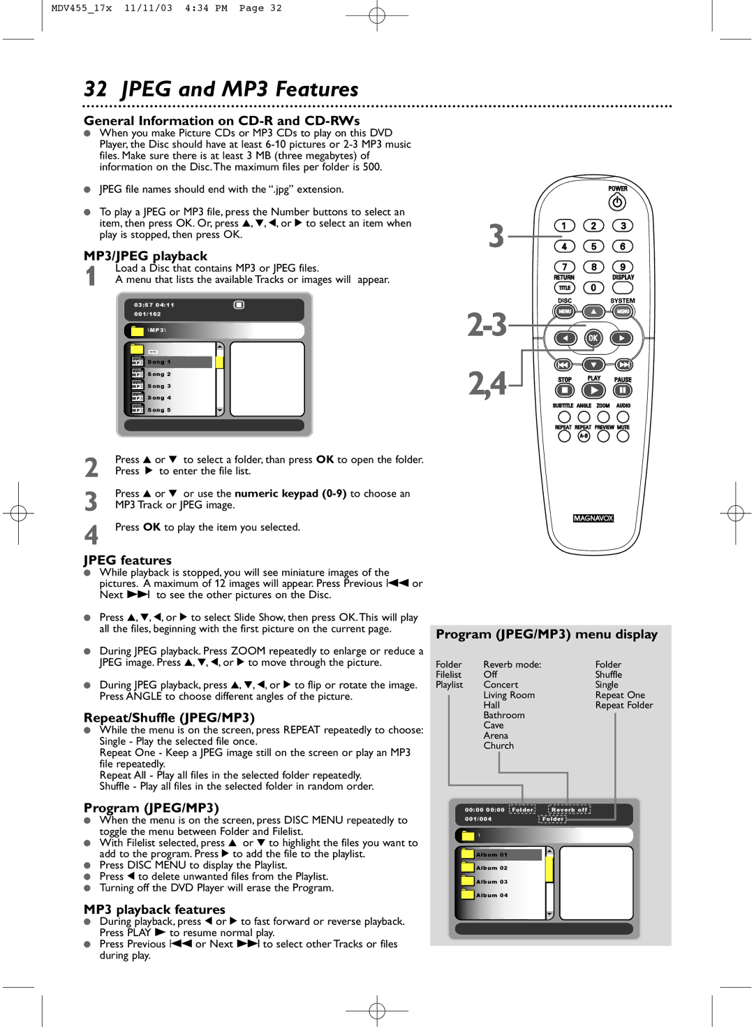 Magnavox MDV455 owner manual Jpeg and MP3 Features 