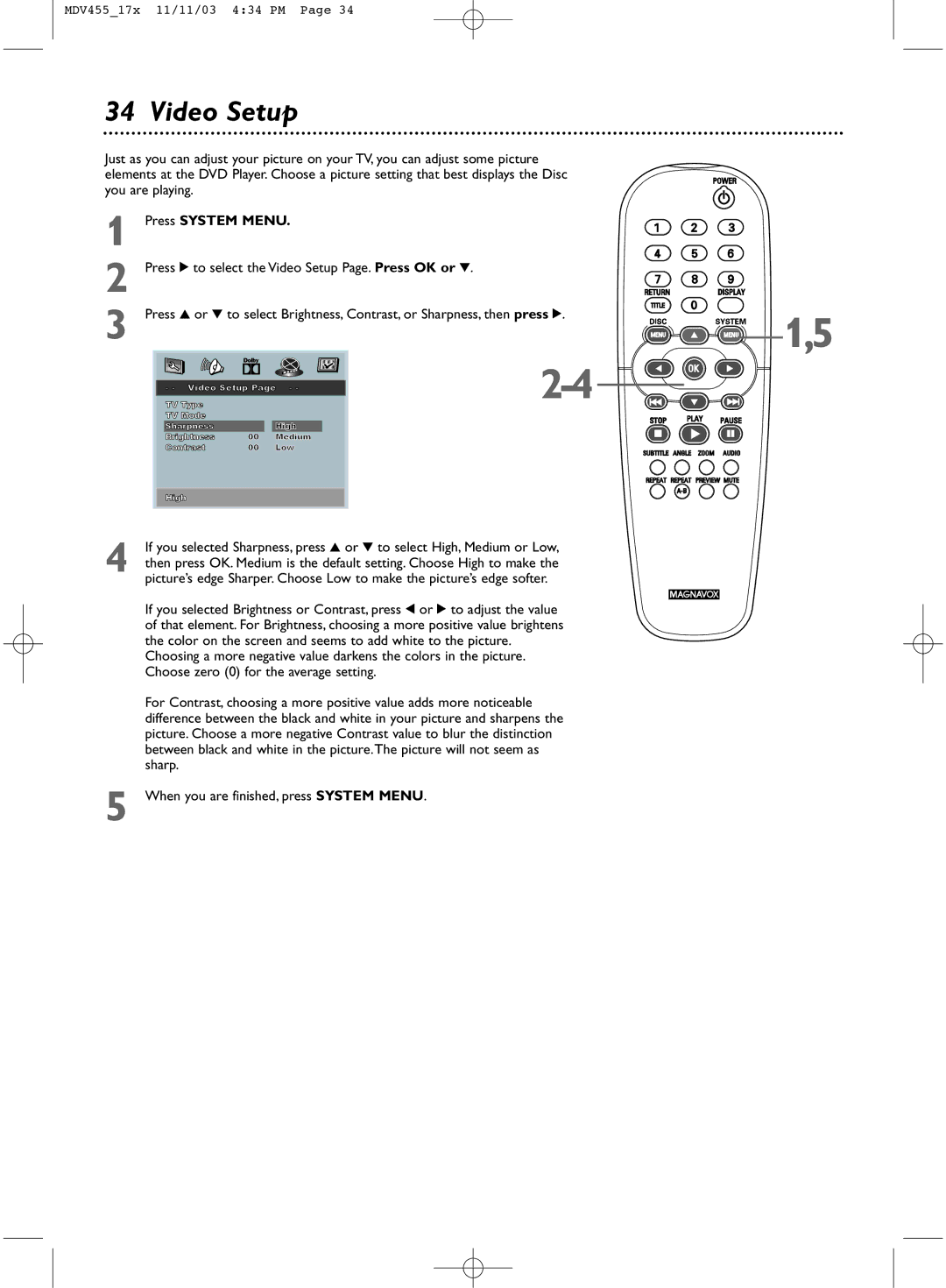 Magnavox MDV455 owner manual Video Setup 