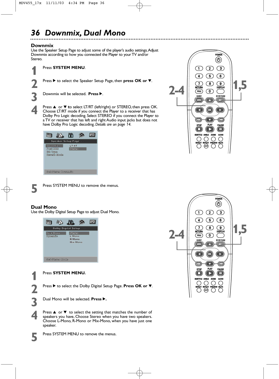 Magnavox MDV455 owner manual Downmix, Dual Mono 