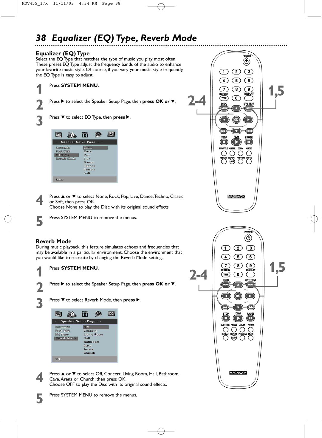 Magnavox MDV455 owner manual Equalizer EQ Type, Reverb Mode 