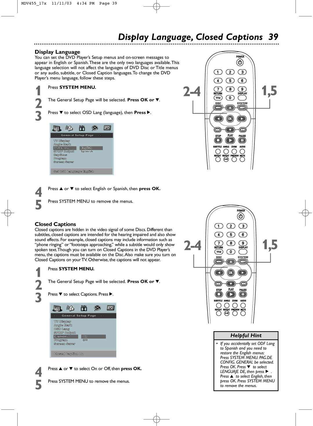 Magnavox MDV455 owner manual Display Language, Closed Captions 