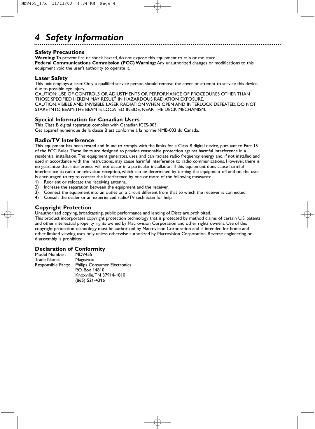 Magnavox MDV455 owner manual Safety Information 