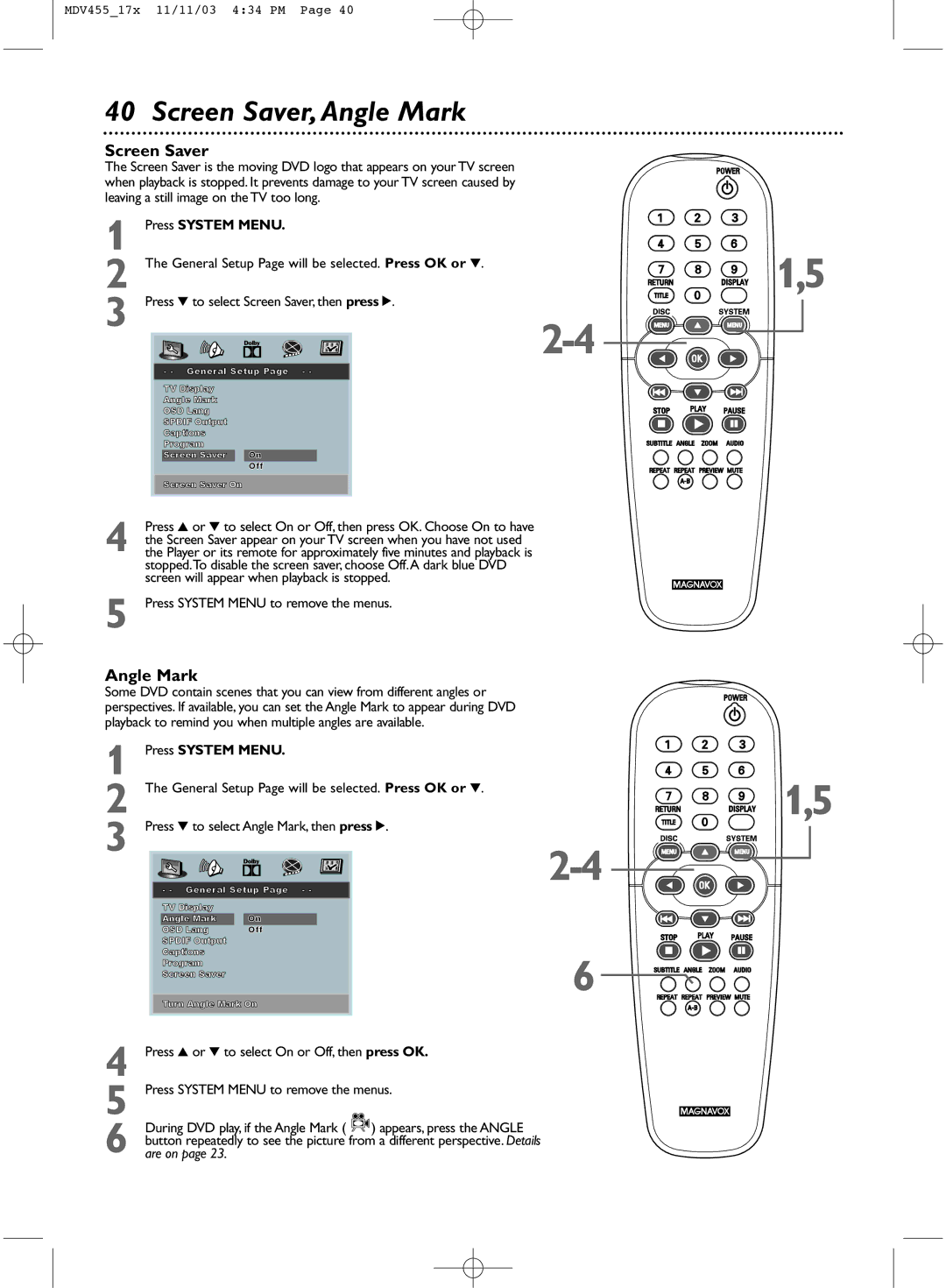 Magnavox MDV455 owner manual Screen Saver, Angle Mark, Press 4 to select Angle Mark, then press 