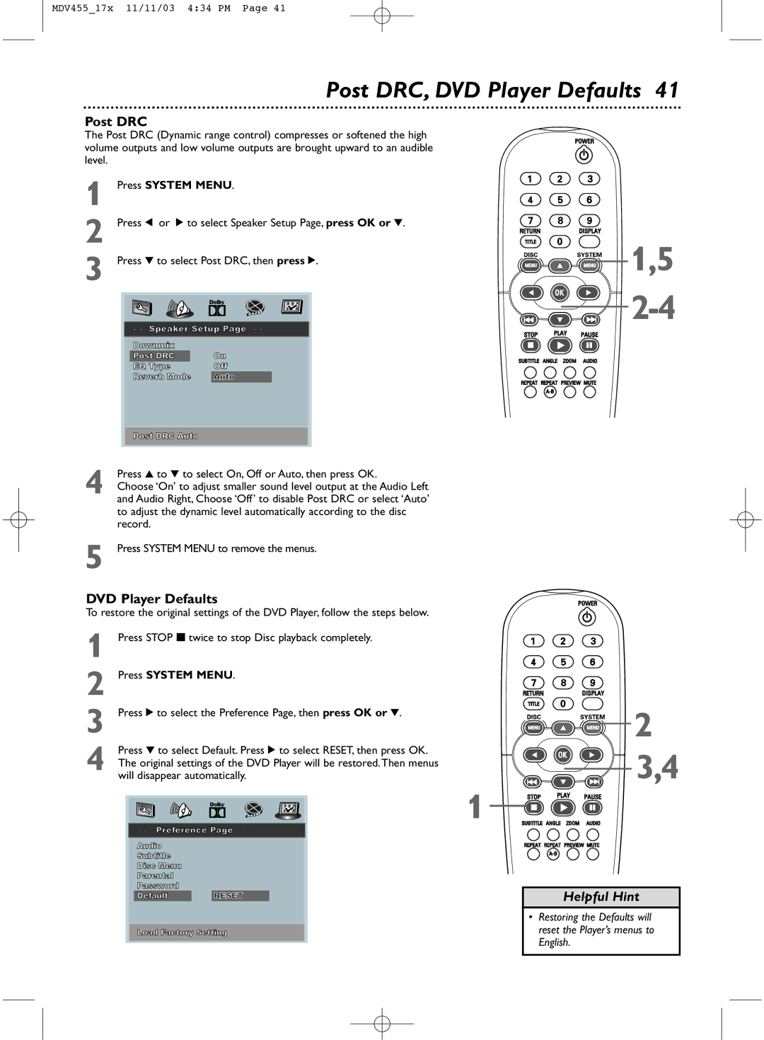 Magnavox MDV455 owner manual Post DRC, DVD Player Defaults, Press 1 or 2 to select Speaker Setup Page, press OK or 