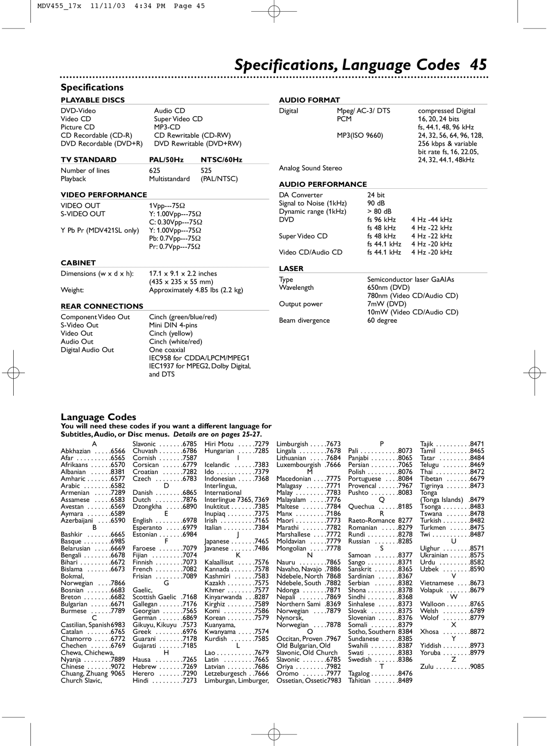 Magnavox MDV455 owner manual Specifications, Language Codes 