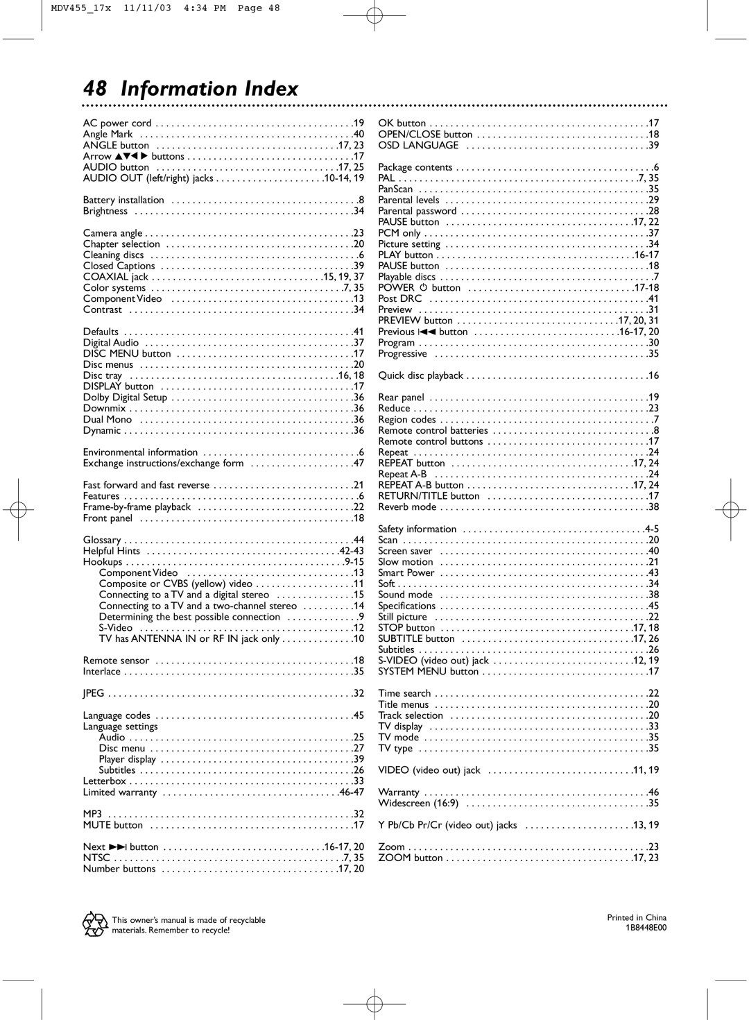 Magnavox MDV455 owner manual Information Index, Quick disc playback 