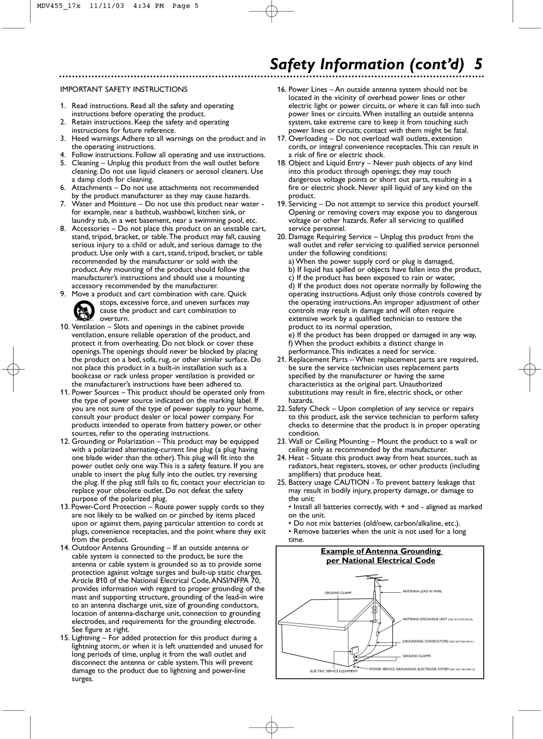 Magnavox MDV455 owner manual Safety Information cont’d, Cause the product and cart combination to overturn 