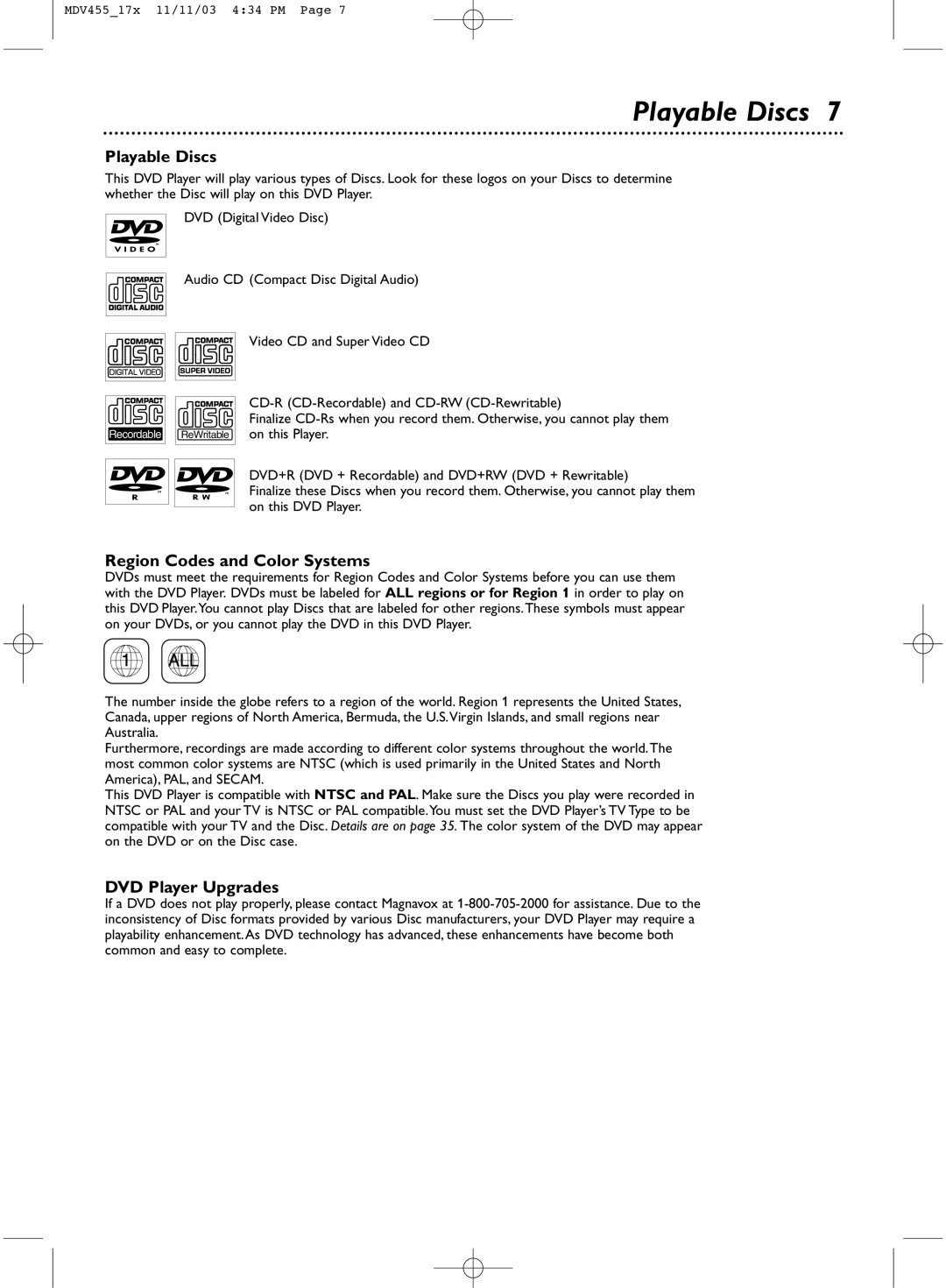 Magnavox MDV455 owner manual Playable Discs, Region Codes and Color Systems, DVD Player Upgrades 