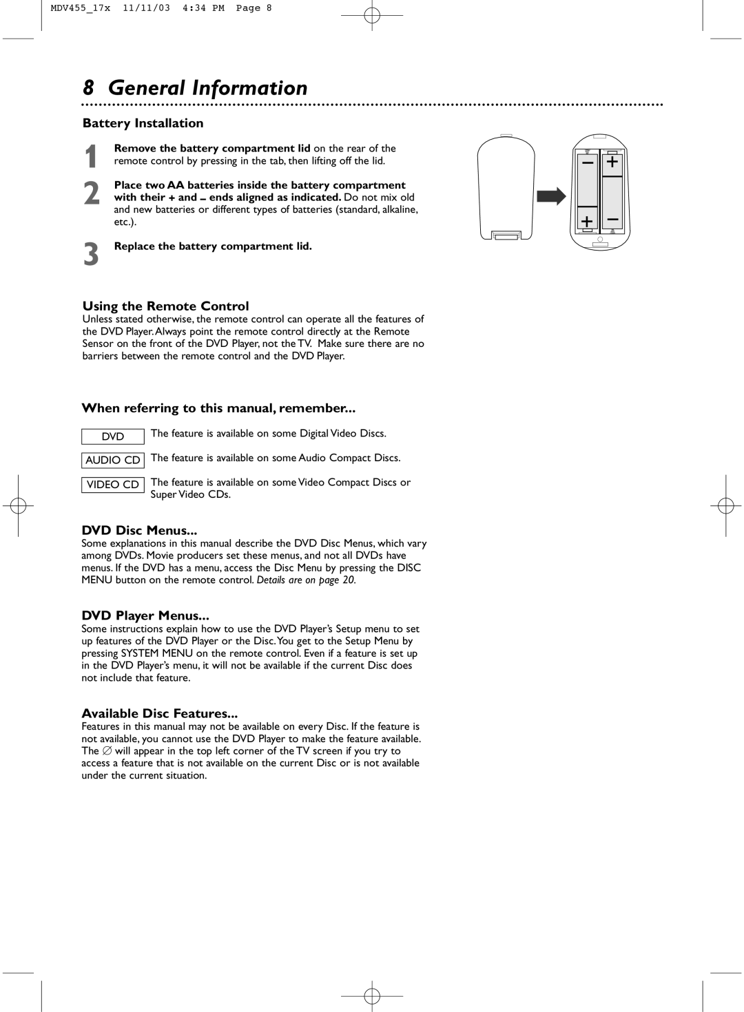 Magnavox MDV455 owner manual General Information 