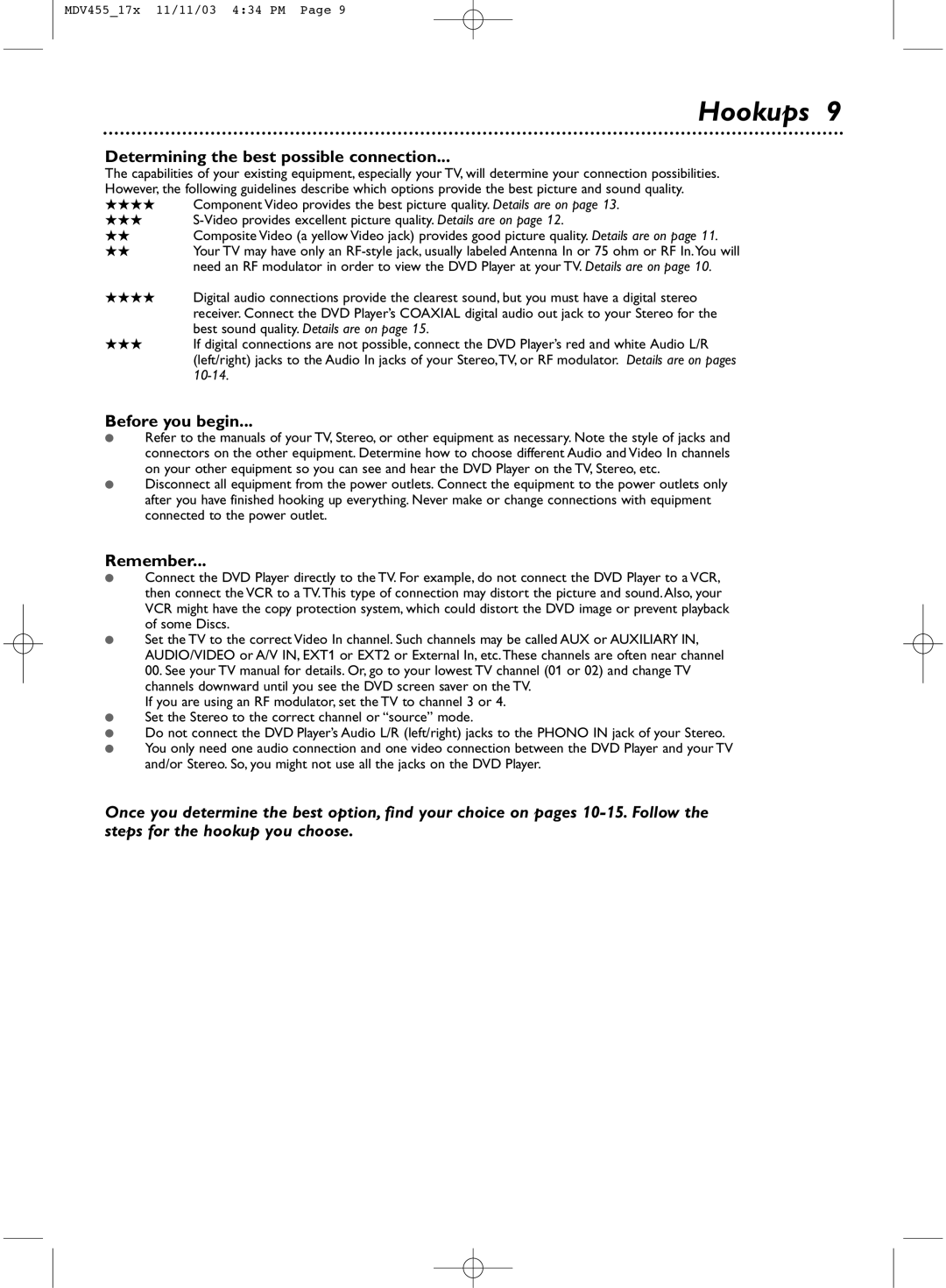 Magnavox MDV455 owner manual Hookups, Determining the best possible connection, Before you begin, Remember 