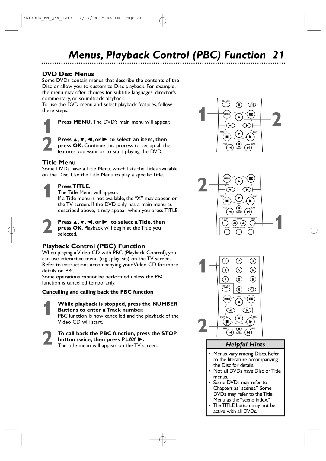 Magnavox MDV456/17 owner manual Menus, Playback Control PBC Function, DVD Disc Menus, Title Menu, Press Title 