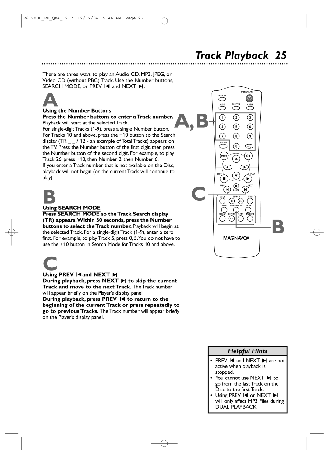 Magnavox MDV456/17 owner manual Track Playback, Using Search Mode 