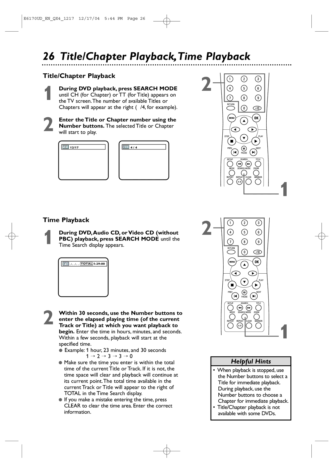 Magnavox MDV456/17 owner manual Title/Chapter Playback,Time Playback, During DVD playback, press Search Mode 