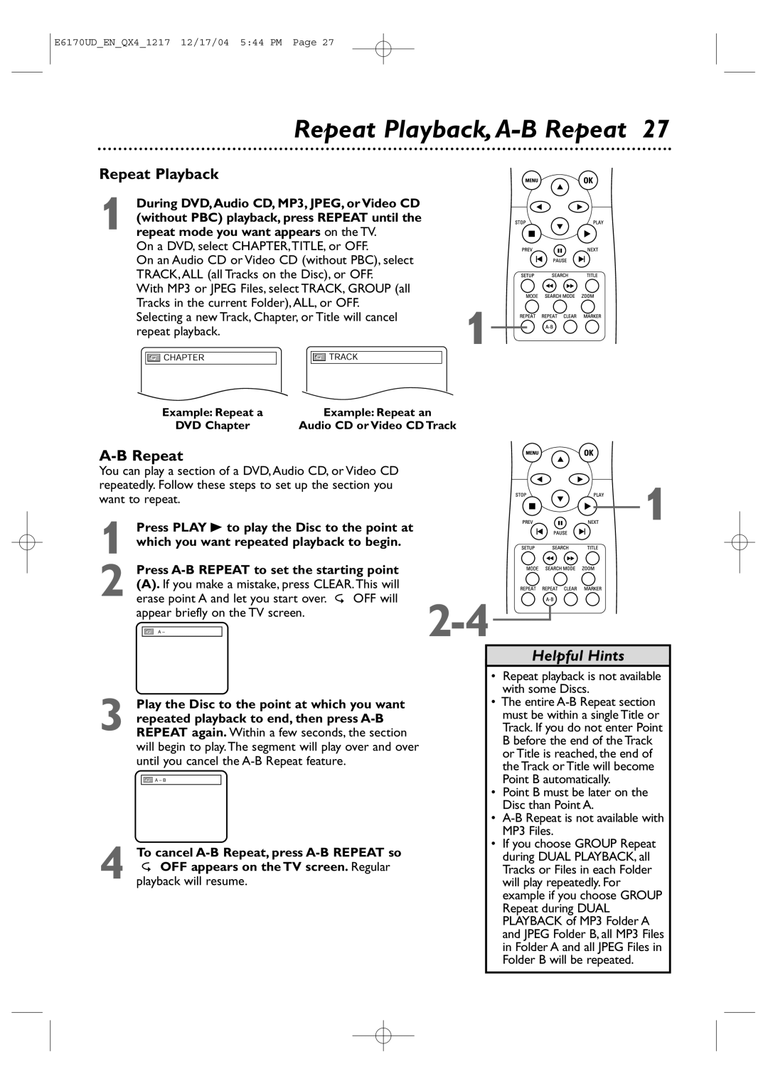 Magnavox MDV456/17 owner manual Repeat Playback, A-B Repeat, Erase point a and let you start over 