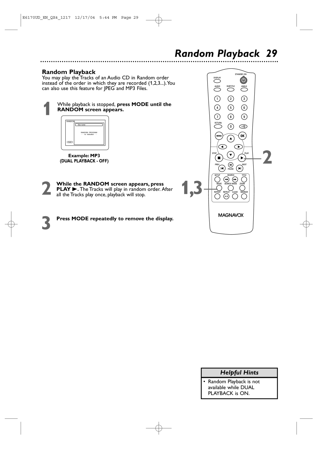 Magnavox MDV456/17 owner manual Random Playback, While playback is stopped, press Mode until, Random screen appears 