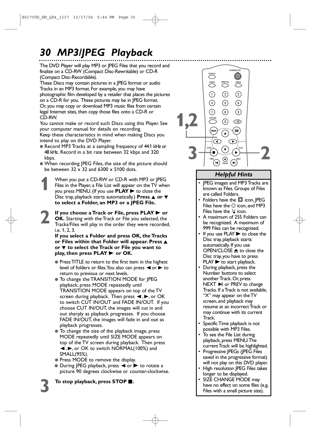 Magnavox MDV456/17 owner manual 30 MP3/JPEG Playback, To stop playback, press Stop C 