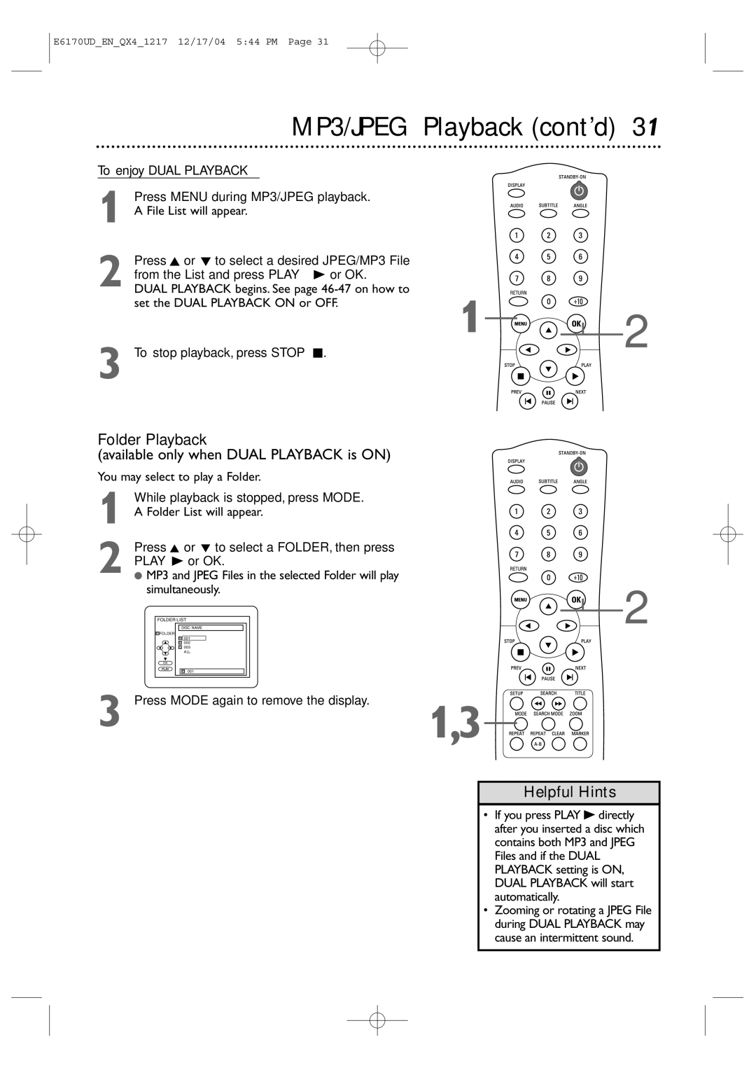 Magnavox MDV456/17 owner manual MP3/JPEG Playback cont’d, Folder Playback, While playback is stopped, press Mode 