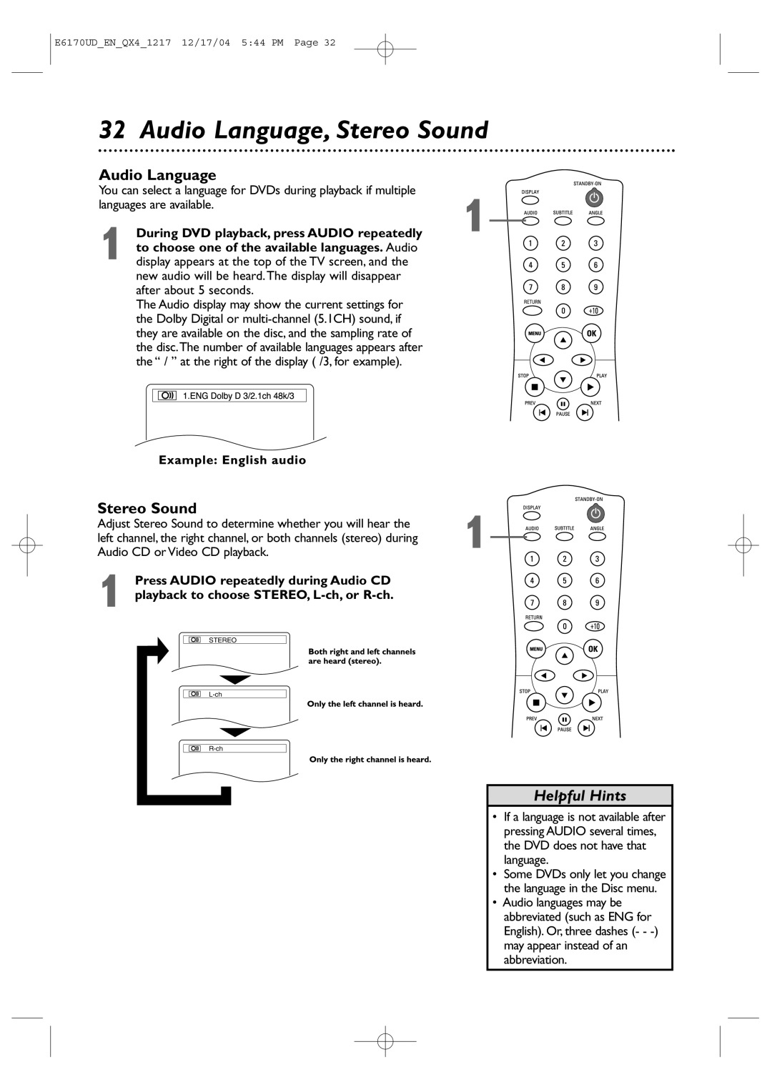 Magnavox MDV456/17 owner manual Audio Language, Stereo Sound 