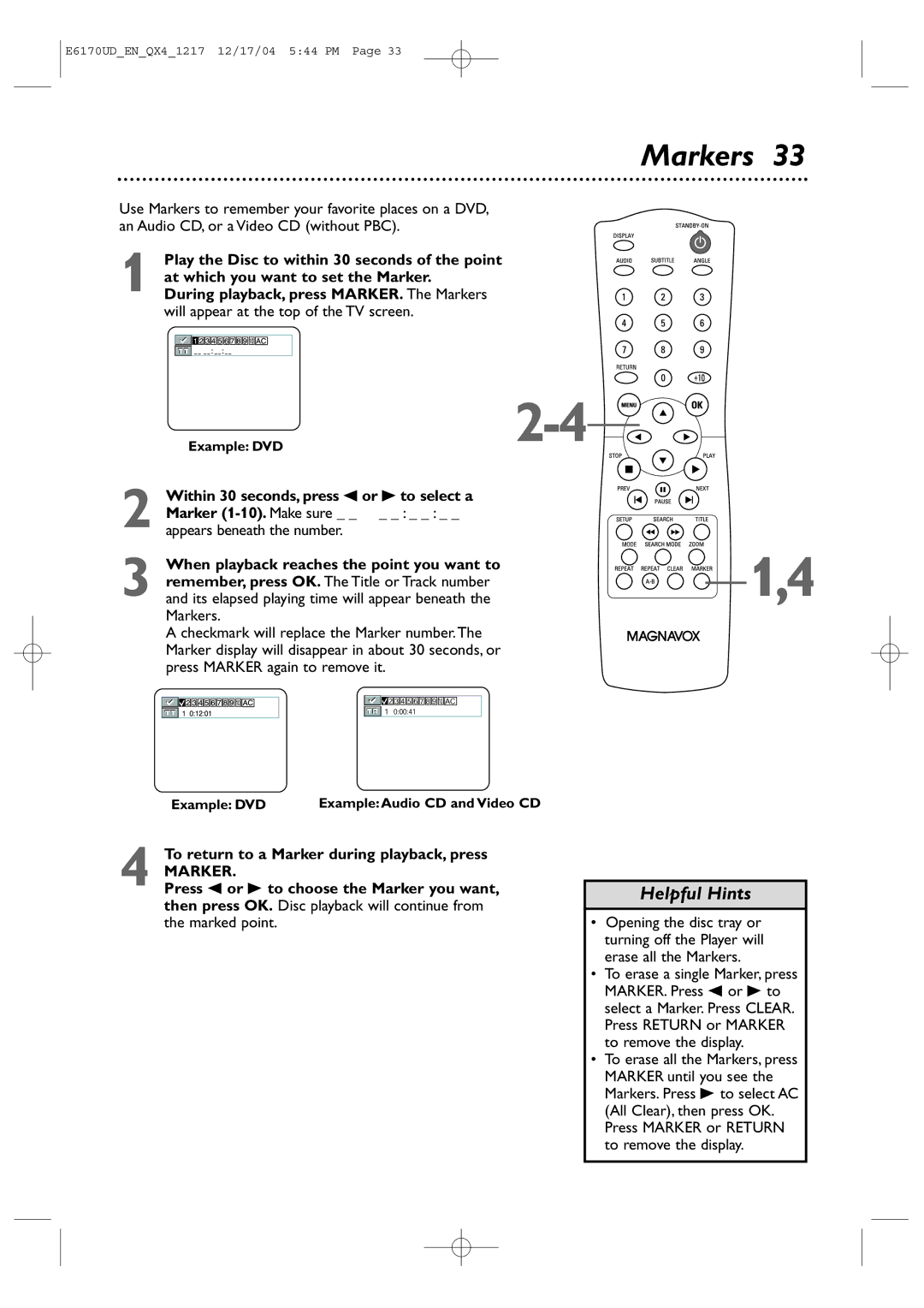 Magnavox MDV456/17 owner manual Markers, To return to a Marker during playback, press 