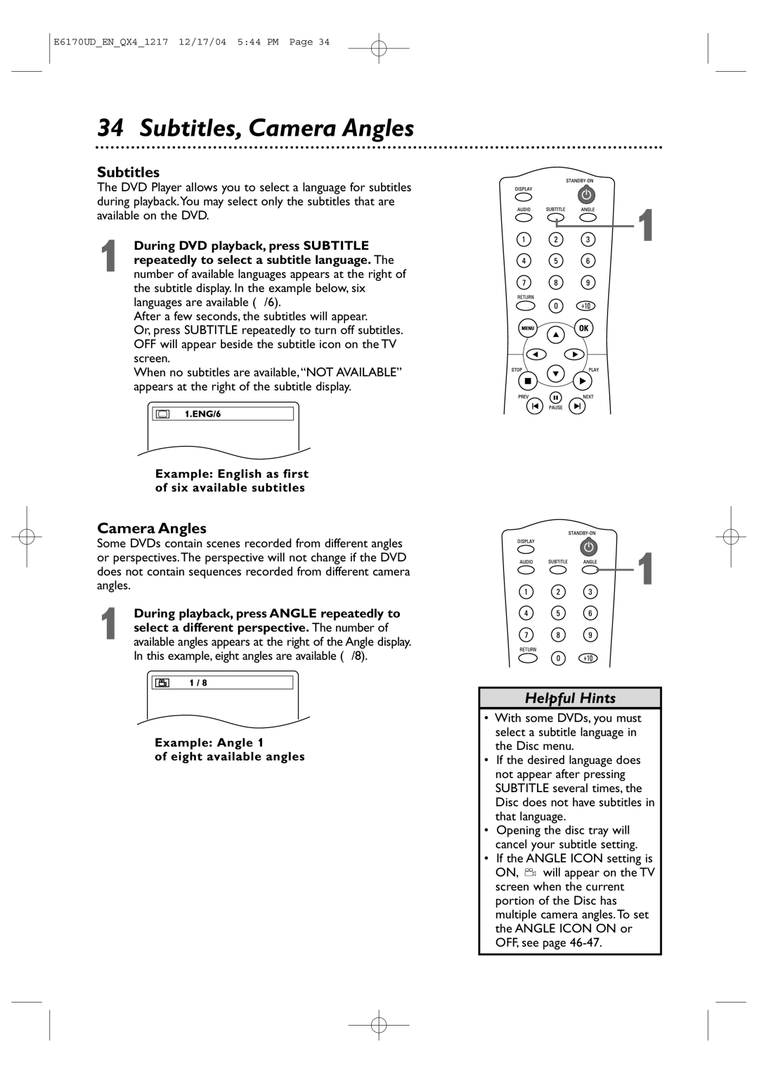 Magnavox MDV456/17 owner manual Subtitles, Camera Angles 