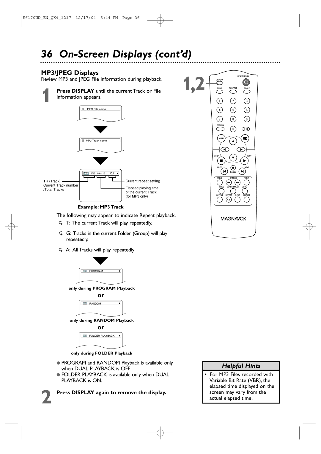 Magnavox MDV456/17 owner manual On-Screen Displays cont’d, MP3/JPEG Displays, Current Track will play repeatedly 