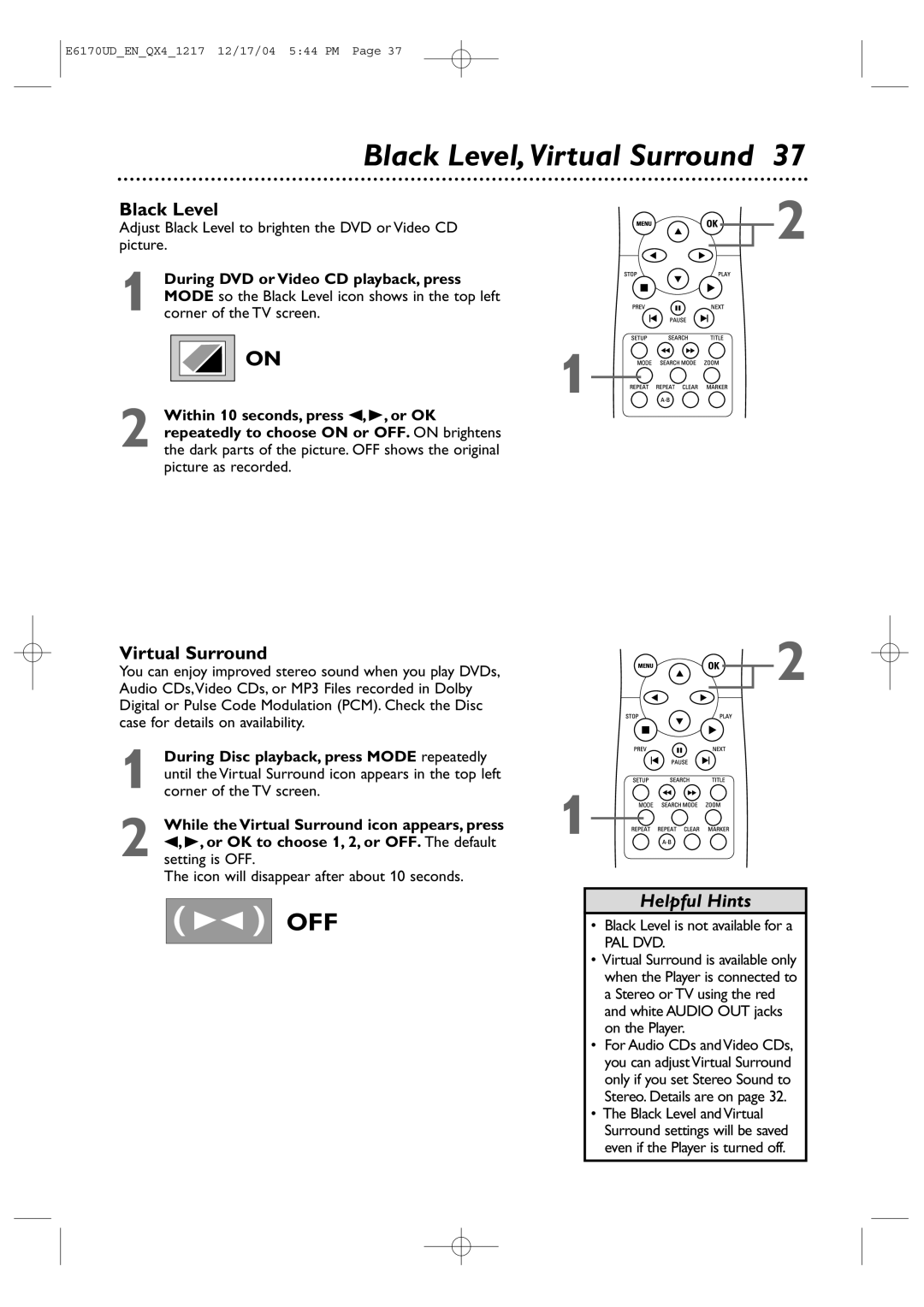 Magnavox MDV456/17 owner manual Black Level, Virtual Surround 