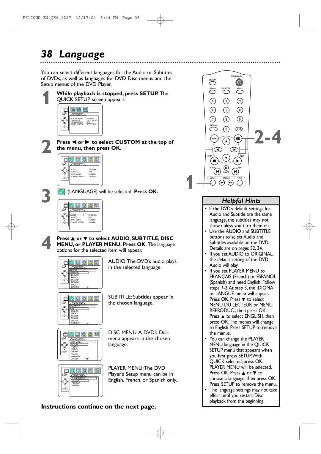 Magnavox MDV456/17 owner manual Language, Instructions continue on the next, While playback is stopped, press SETUP 