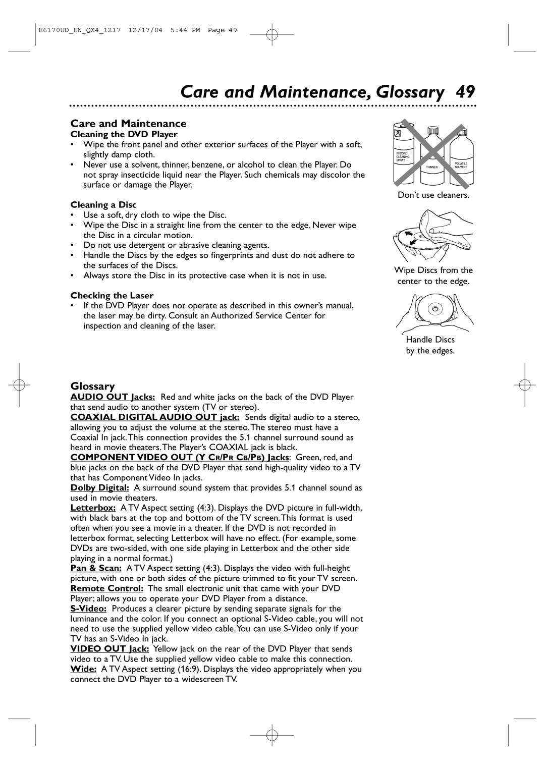 Magnavox MDV456/17 owner manual Care and Maintenance, Glossary 