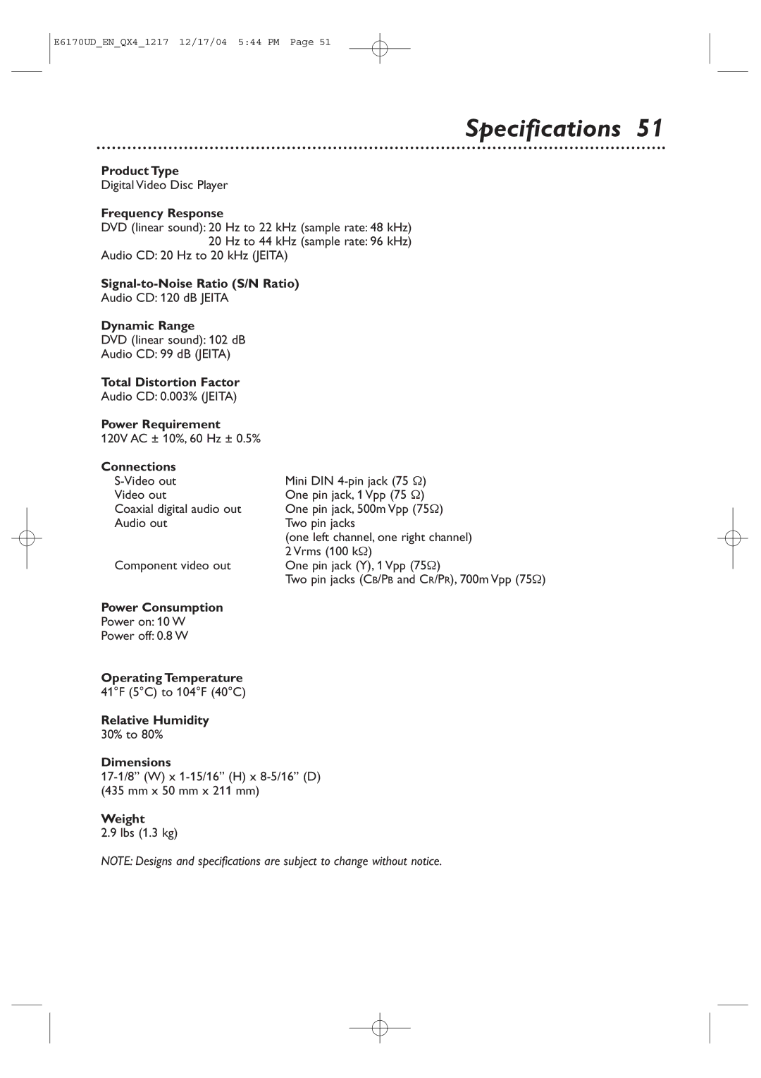 Magnavox MDV456/17 owner manual Specifications 