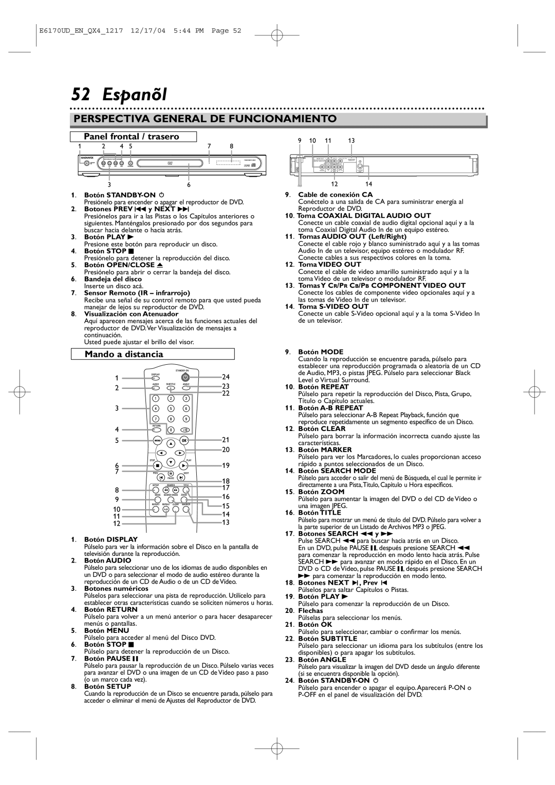 Magnavox MDV456/17 owner manual Espanõl, Mando a distancia 