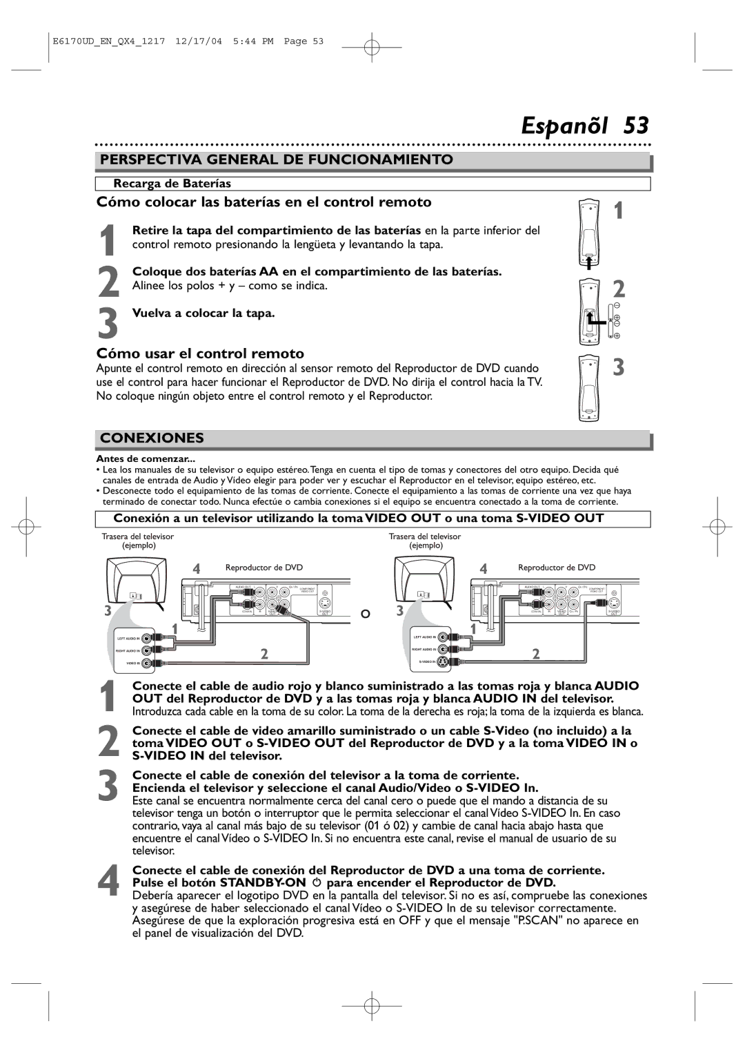 Magnavox MDV456/17 Cómo colocar las baterías en el control remoto, Cómo usar el control remoto, Recarga de Baterías 