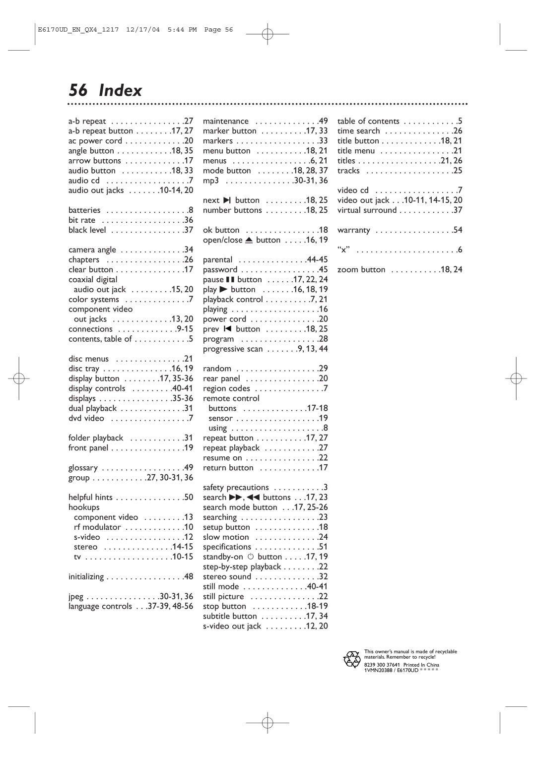 Magnavox MDV456/17 owner manual Index 