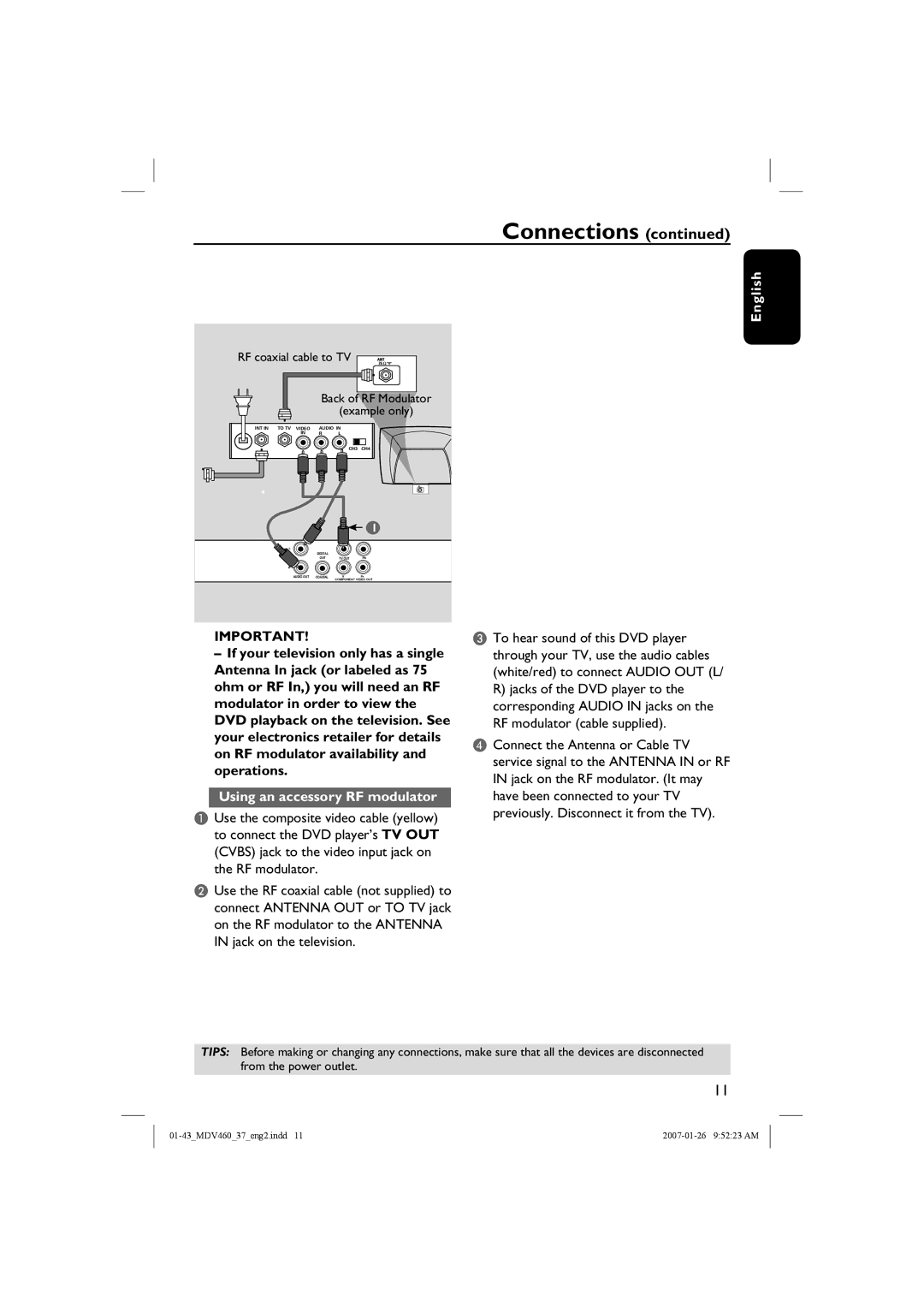 Magnavox MDV460 manual Using an accessory RF modulator 