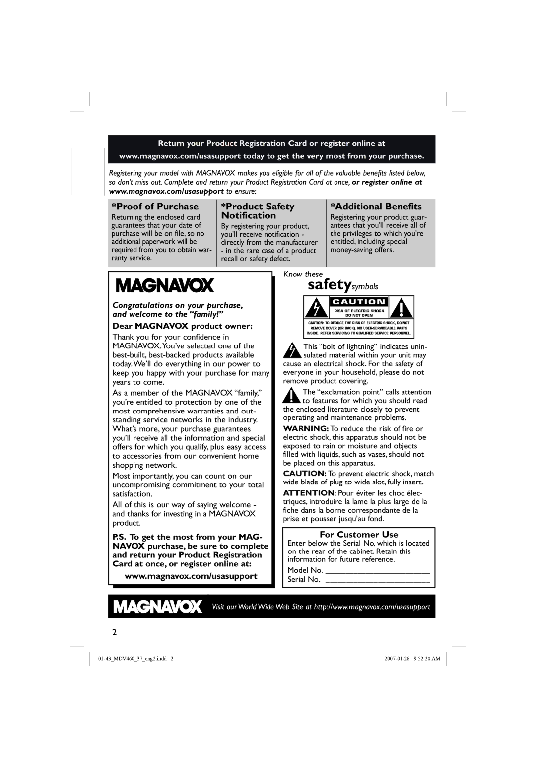 Magnavox MDV460 manual Proof of Purchase, Product Safety Notification, Additional Benefits, Model No Serial No 