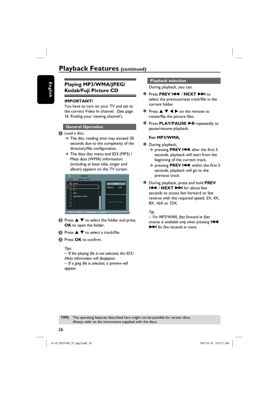 Magnavox MDV460 manual Playing MP3/WMA/JPEG/ Kodak/Fuji Picture CD, General Operation, Playback selection 