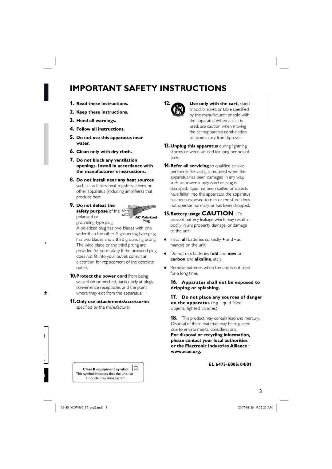 Magnavox MDV460 manual English, Class II equipment symbol 