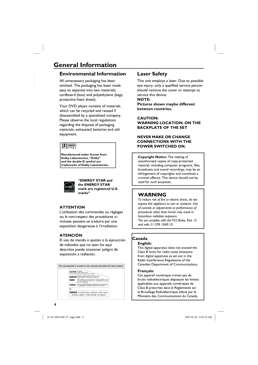 Magnavox MDV460 manual General Information, Pictures shown maybe different between countries, English, Français 