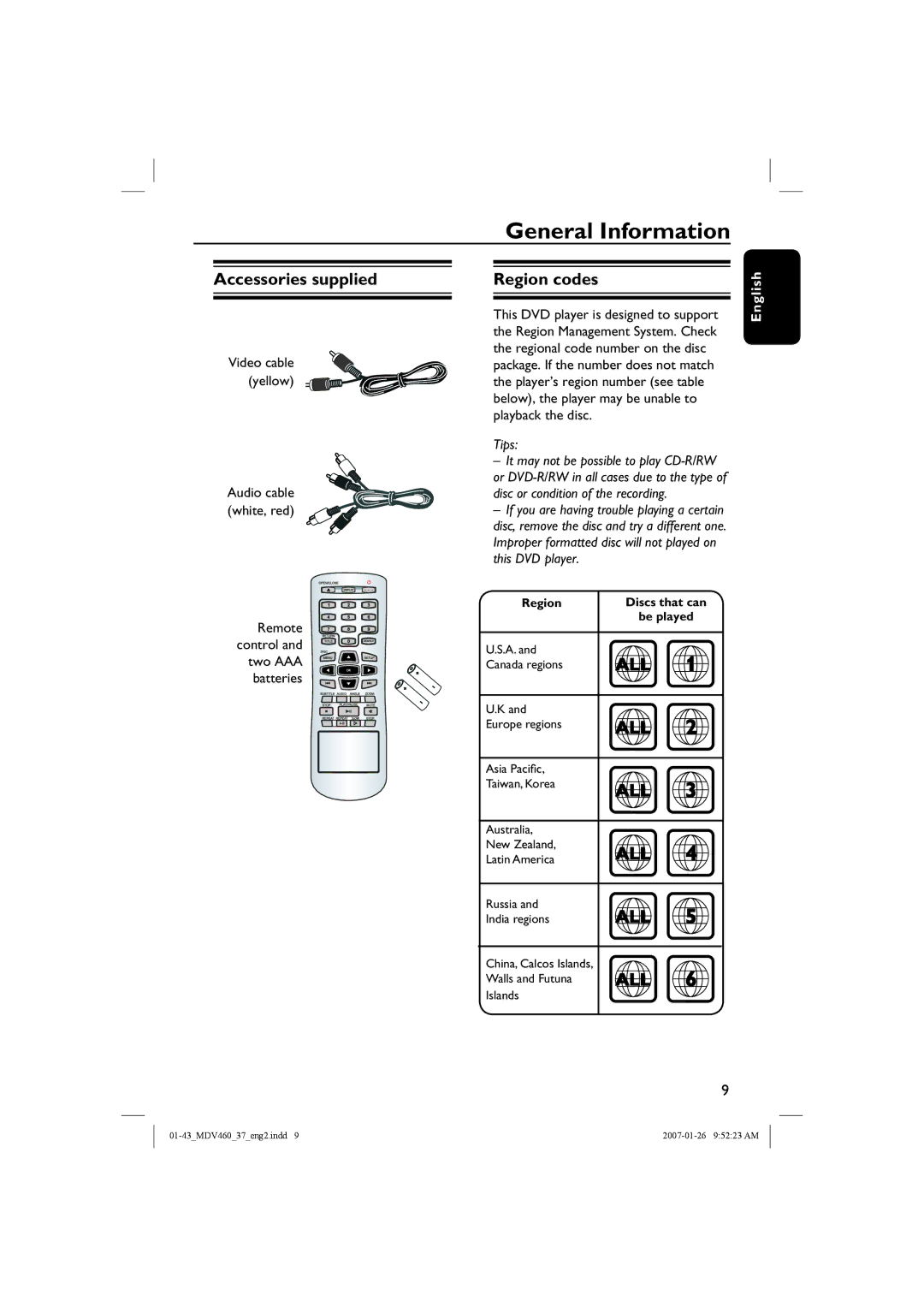 Magnavox MDV460 manual Accessories supplied, Region codes, Remote control and two AAA batteries 