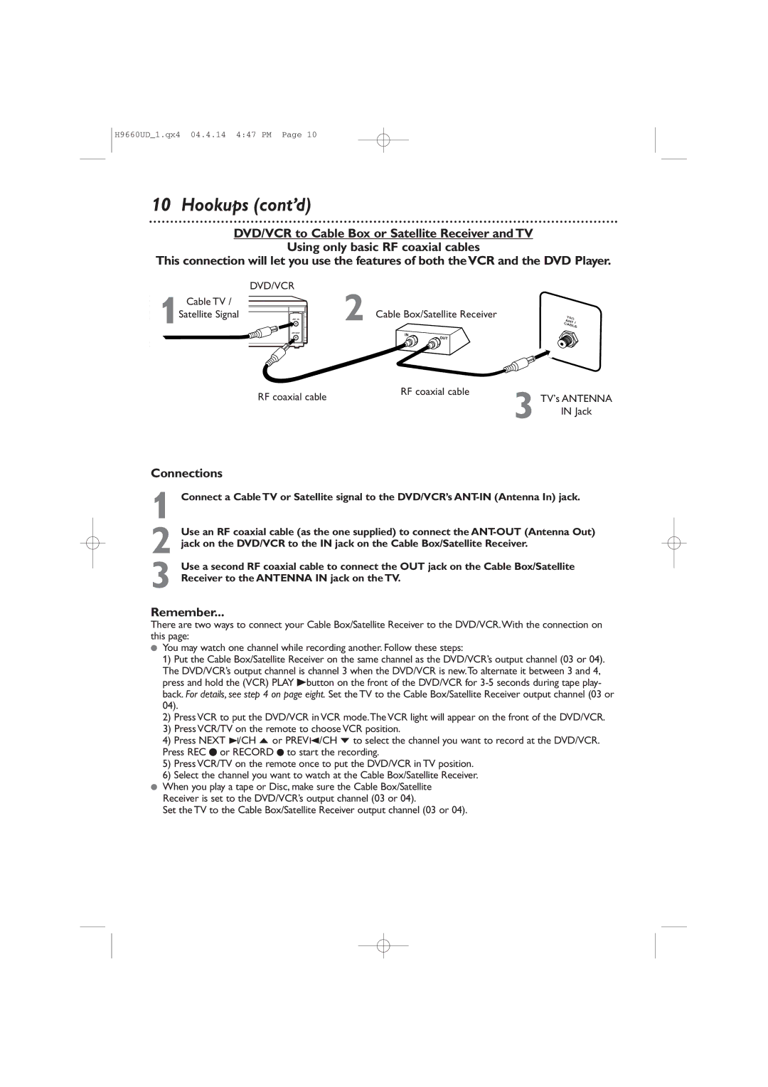 Magnavox MDV540VR/17 owner manual Cable TV, Video OUTSatellite Signal, RF coaxial cable 