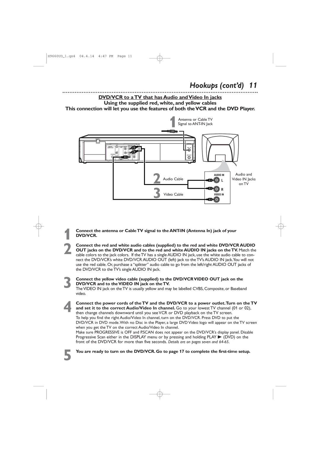 Magnavox MDV540VR/17 owner manual Audio Cable Video Cable Video in Jacks On TV 