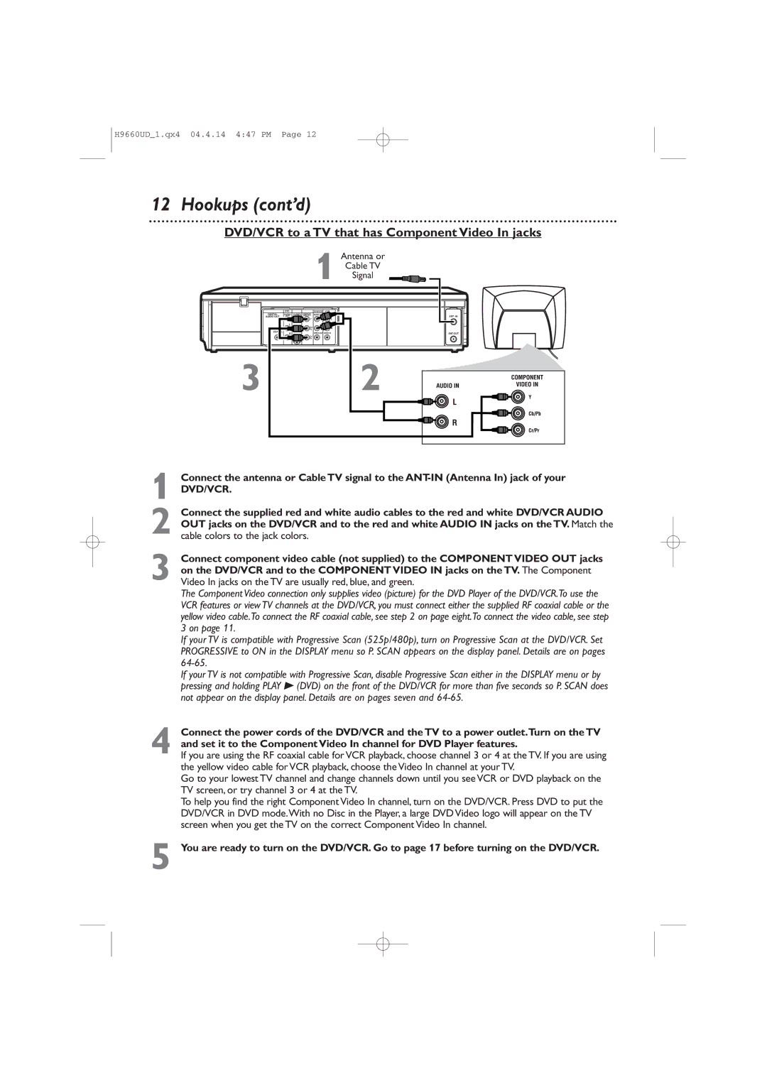 Magnavox MDV540VR/17 owner manual DVD/VCR to a TV that has Component Video In jacks 