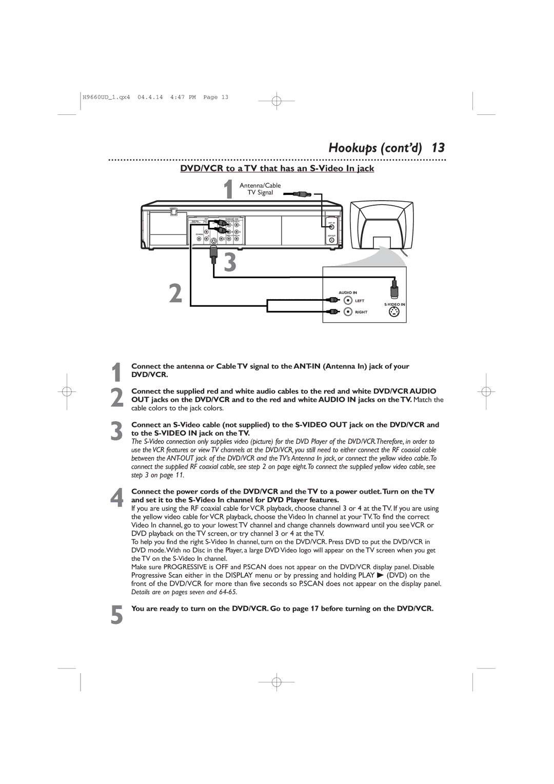 Magnavox MDV540VR/17 owner manual DVD/VCR to a TV that has an S-Video In jack, Details are on pages seven 