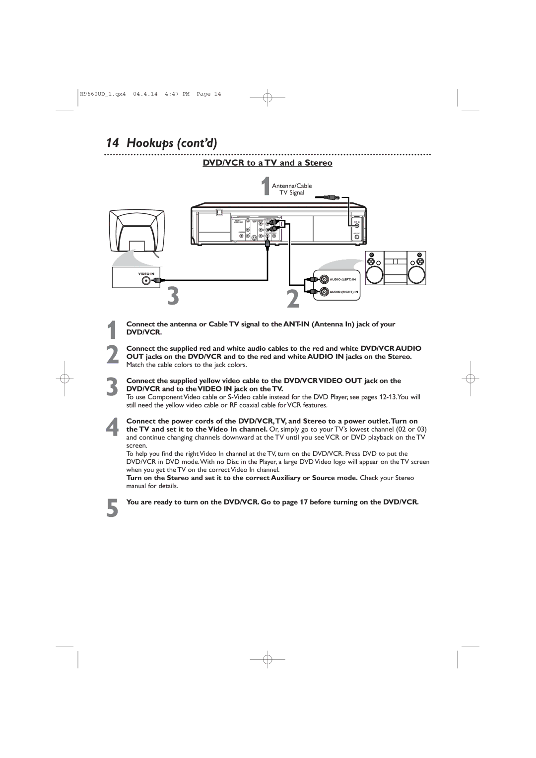 Magnavox MDV540VR/17 owner manual DVD/VCR to a TV and a Stereo, 1Antenna/Cable TV Signal 