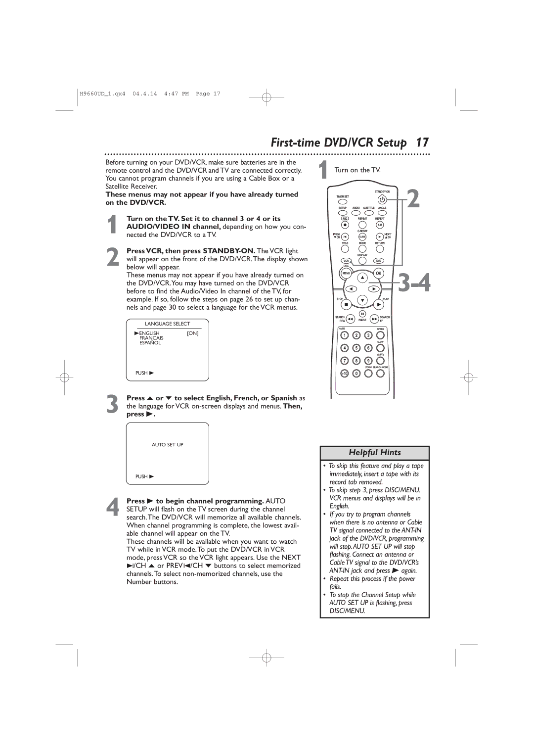 Magnavox MDV540VR/17 owner manual First-time DVD/VCR Setup, Turn on the TV, Repeat this process if the power fails 