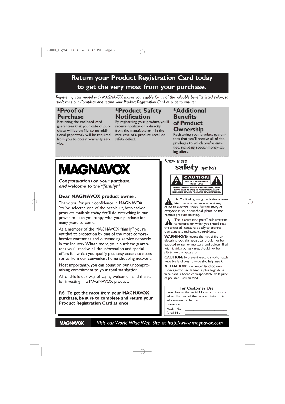 Magnavox MDV540VR/17 owner manual Dear Magnavox product owner, Returning the enclosed card, For Customer Use 