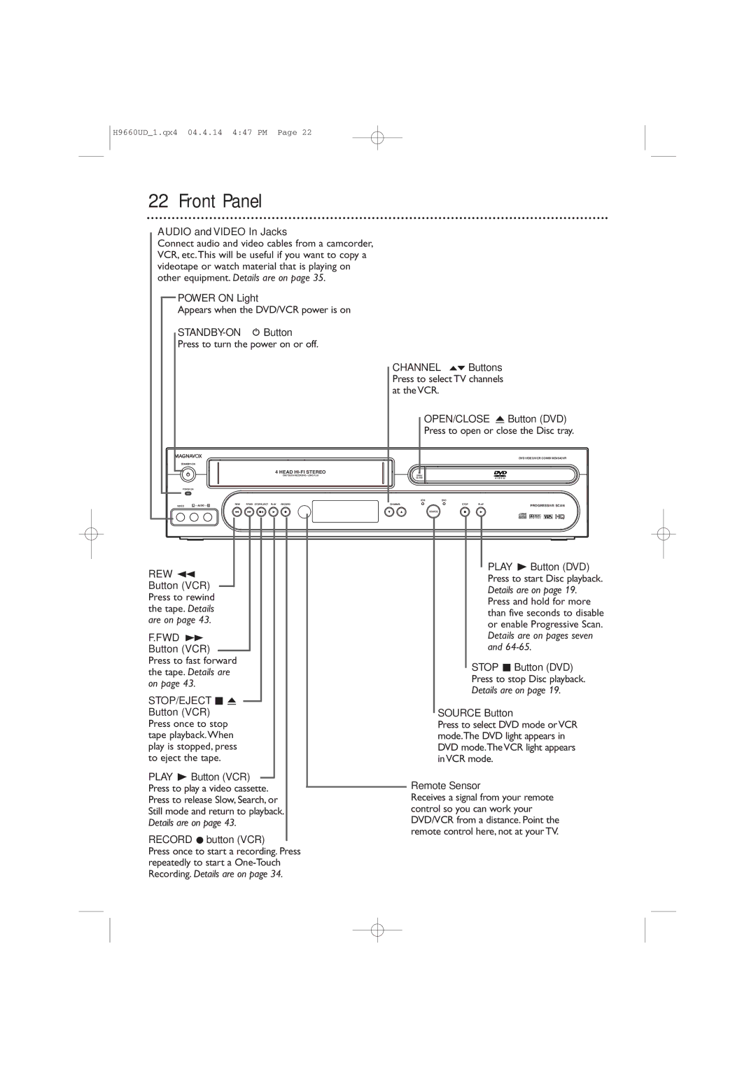 Magnavox MDV540VR/17 owner manual Front Panel 