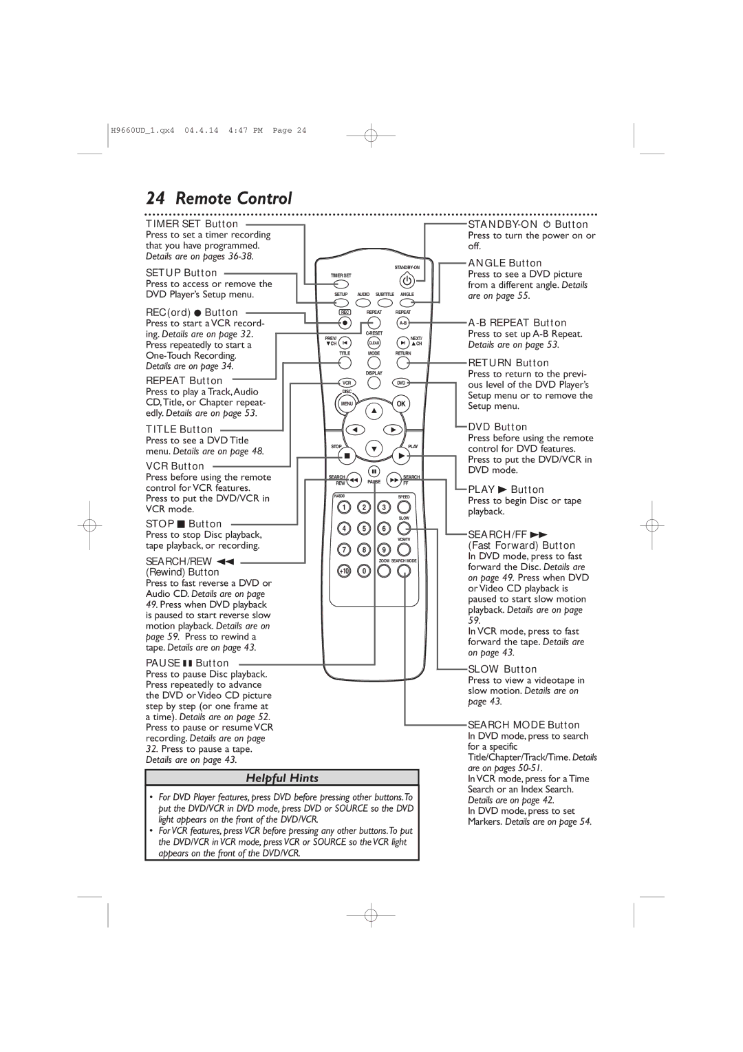 Magnavox MDV540VR/17 owner manual Remote Control 