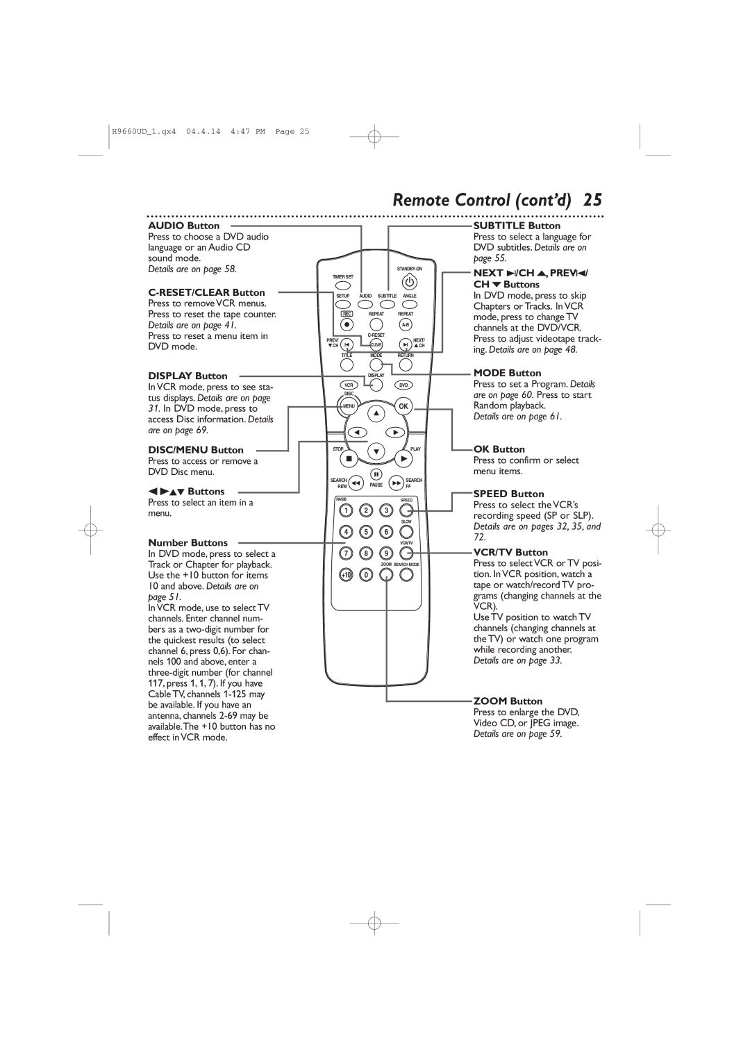 Magnavox MDV540VR/17 owner manual Remote Control cont’d 