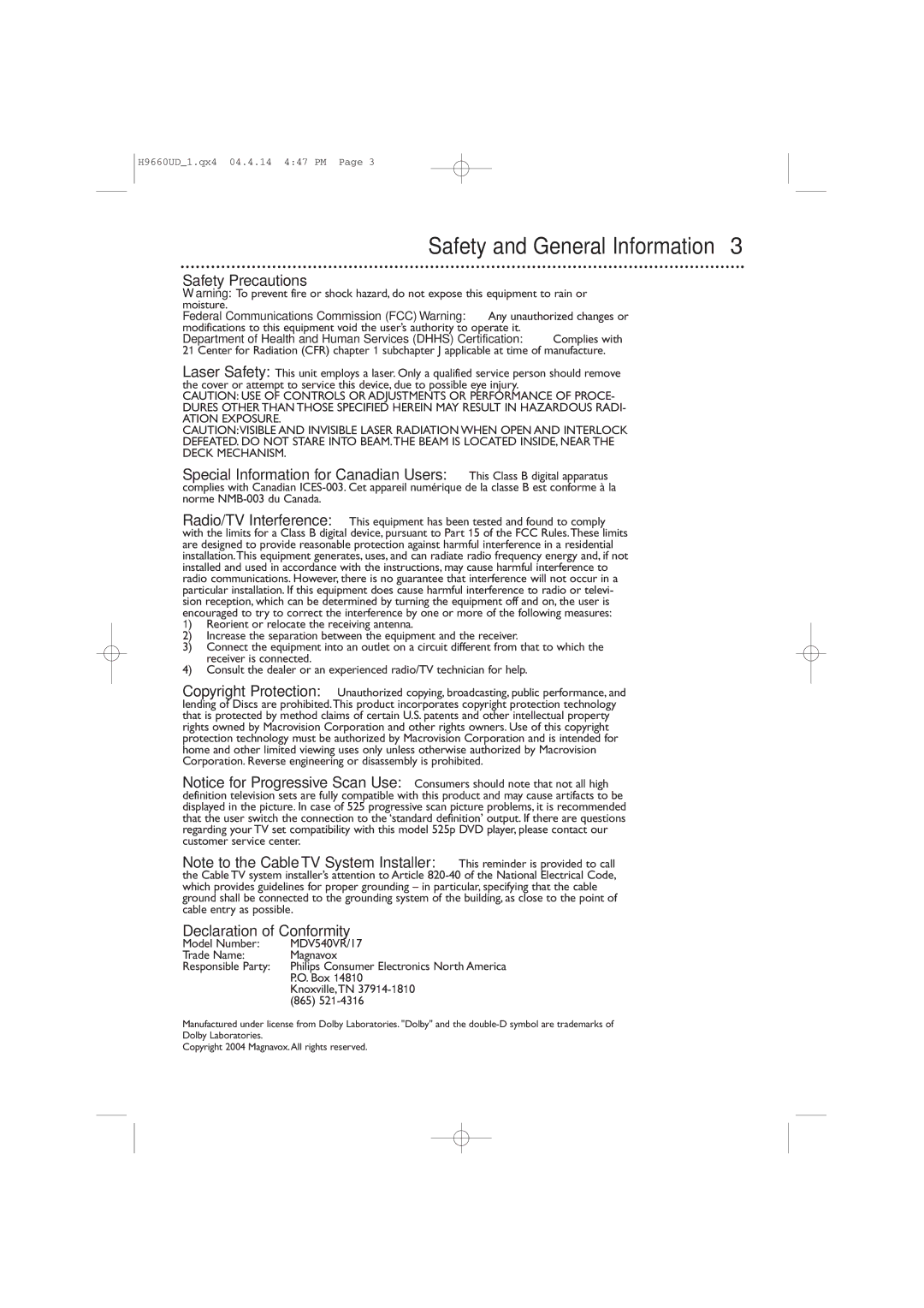 Magnavox MDV540VR/17 owner manual Safety and General Information, Safety Precautions, Declaration of Conformity 