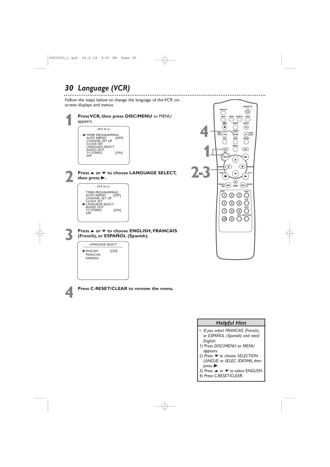 Magnavox MDV540VR/17 owner manual Language VCR 